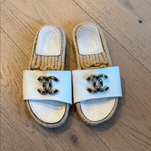 CHANEL Cream Slide Sandals with Gold Logo